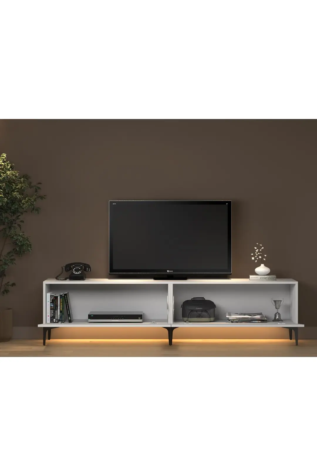 Napoli 200 Cm Led Işıklı Geniş Dolaplı Minifiksli Tv Ünitesi - Tv Sehpası - Beyaz